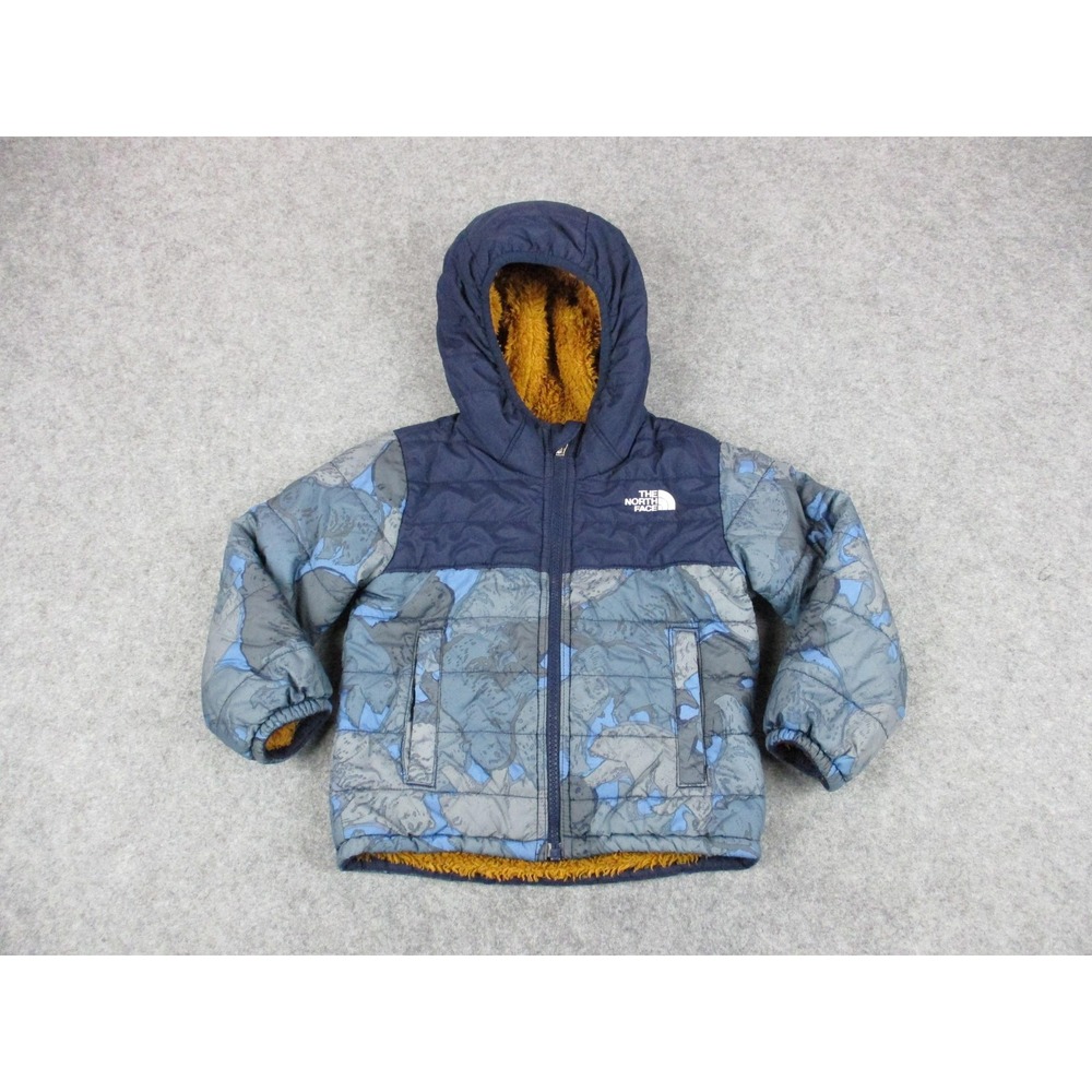 North Face Jacket Boys 3T Blue Camo Toddler Reversible Puffer Sherpa Hooded Coat